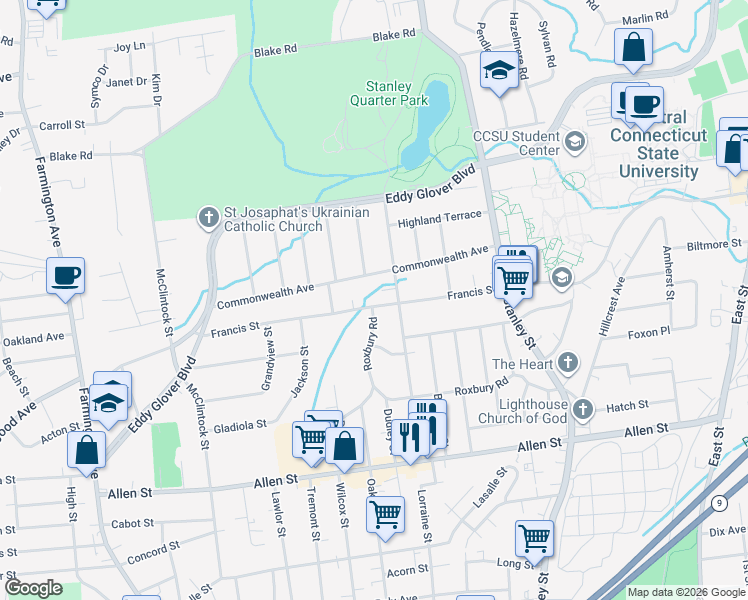 map of restaurants, bars, coffee shops, grocery stores, and more near 188 Carlton Street in New Britain