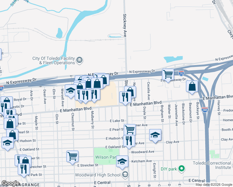 map of restaurants, bars, coffee shops, grocery stores, and more near 3565 Twining Street in Toledo