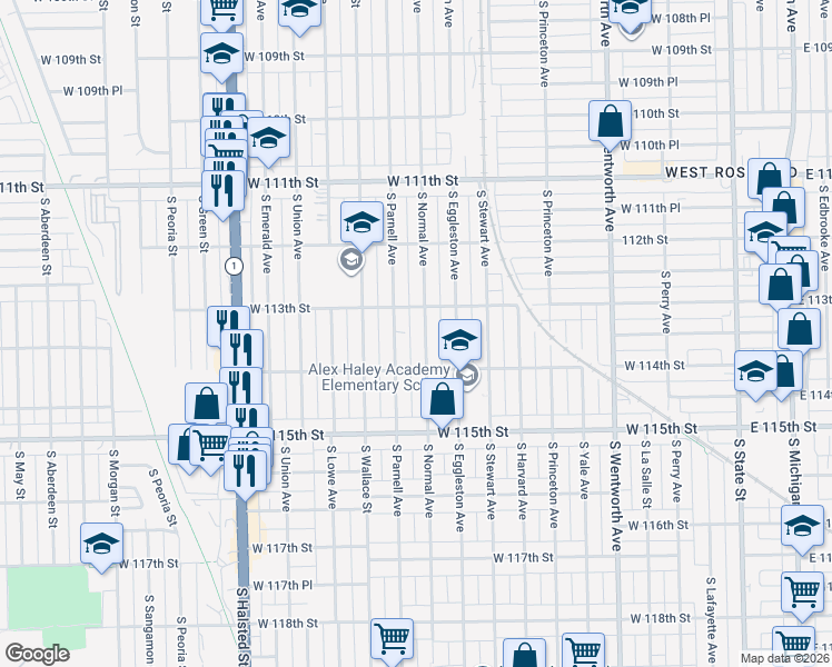map of restaurants, bars, coffee shops, grocery stores, and more near 11325 South Parnell Avenue in Chicago