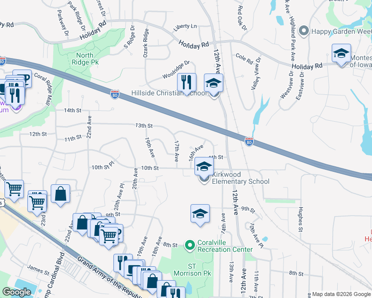 map of restaurants, bars, coffee shops, grocery stores, and more near 1010 16th Avenue in Coralville