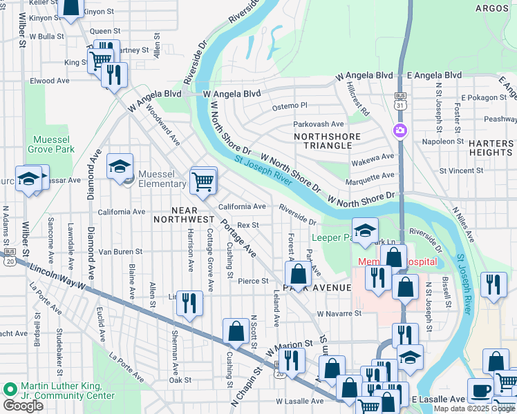 map of restaurants, bars, coffee shops, grocery stores, and more near 716 California Avenue in South Bend