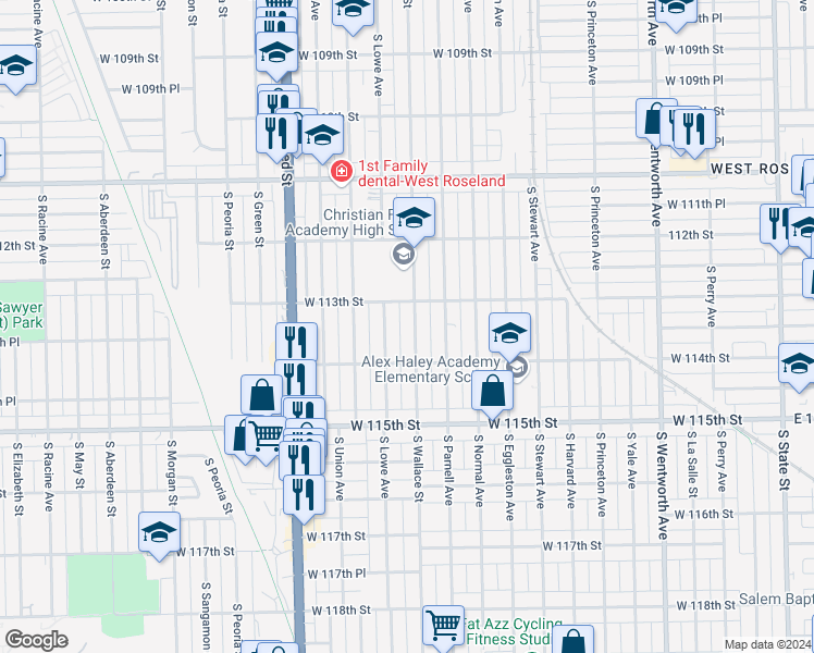 map of restaurants, bars, coffee shops, grocery stores, and more near 11322 South Wallace Street in Chicago