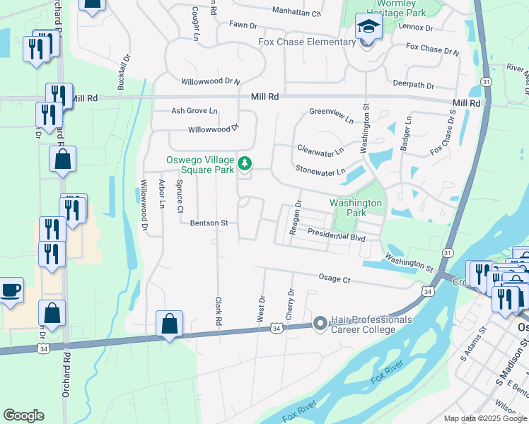 map of restaurants, bars, coffee shops, grocery stores, and more near 524 Truman Drive in Oswego