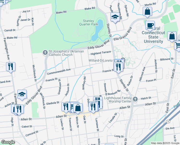 map of restaurants, bars, coffee shops, grocery stores, and more near 188 Carlton Street in New Britain