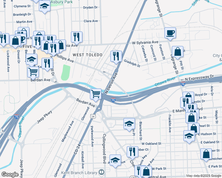map of restaurants, bars, coffee shops, grocery stores, and more near 3618 North Detroit Avenue in Toledo