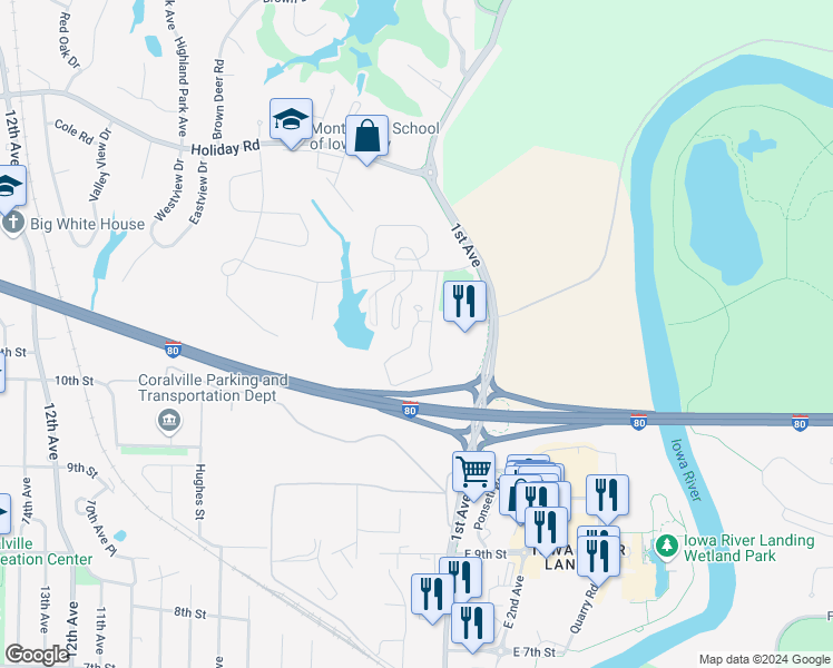 map of restaurants, bars, coffee shops, grocery stores, and more near 21 Redtail Bend in Coralville