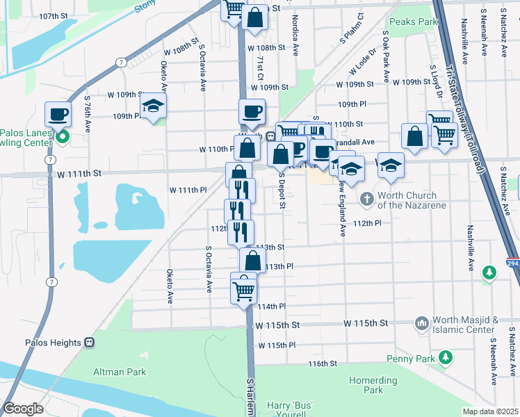 map of restaurants, bars, coffee shops, grocery stores, and more near 11156 South Preller Avenue in Worth