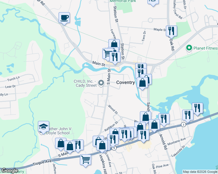 map of restaurants, bars, coffee shops, grocery stores, and more near 46 S Main St in Coventry