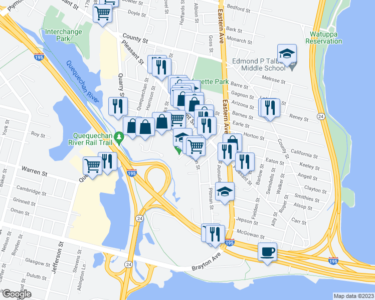 map of restaurants, bars, coffee shops, grocery stores, and more near Alden Street in Fall River