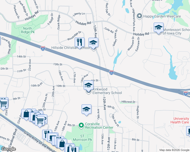 map of restaurants, bars, coffee shops, grocery stores, and more near 1401 13th Street in Coralville