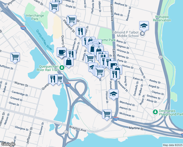 map of restaurants, bars, coffee shops, grocery stores, and more near 253 Alden Street in Fall River