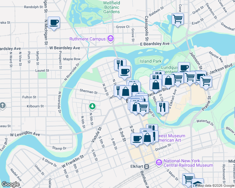 map of restaurants, bars, coffee shops, grocery stores, and more near 201 North 2nd Street in Elkhart