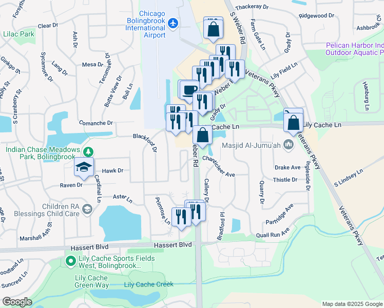 map of restaurants, bars, coffee shops, grocery stores, and more near 405 Inner Circle Drive in Bolingbrook