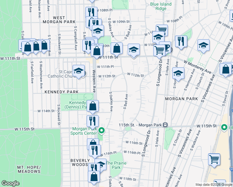 map of restaurants, bars, coffee shops, grocery stores, and more near 2251 West 113th Street in Chicago