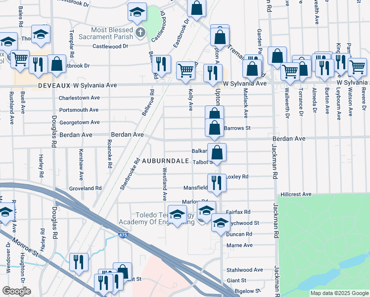 map of restaurants, bars, coffee shops, grocery stores, and more near 2016 Balkan Place in Toledo
