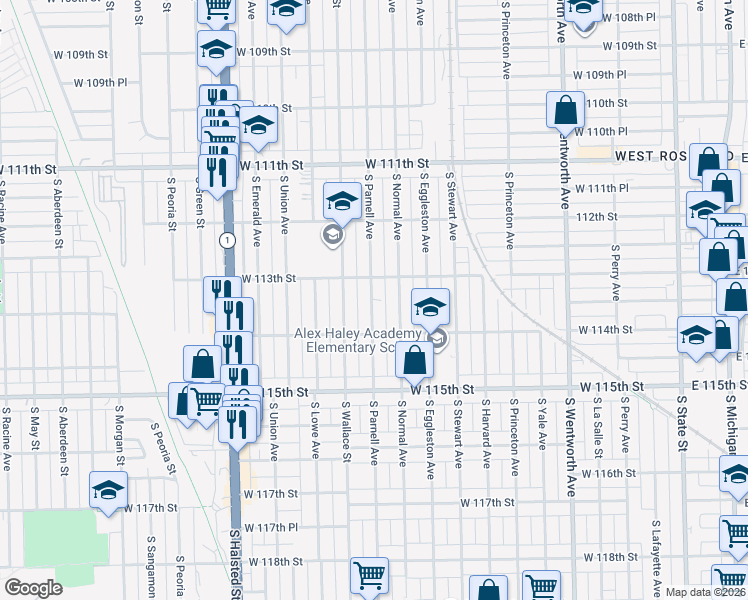 map of restaurants, bars, coffee shops, grocery stores, and more near 11325 South Parnell Avenue in Chicago