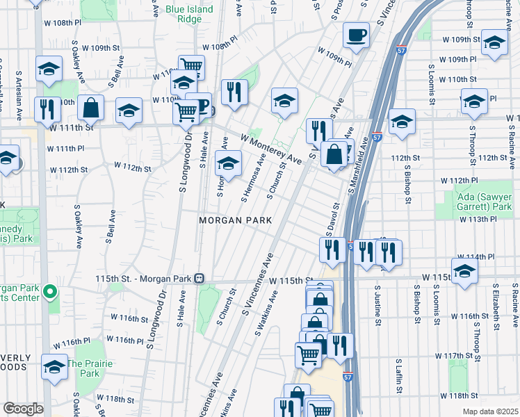 map of restaurants, bars, coffee shops, grocery stores, and more near 11326 South Church Street in Chicago