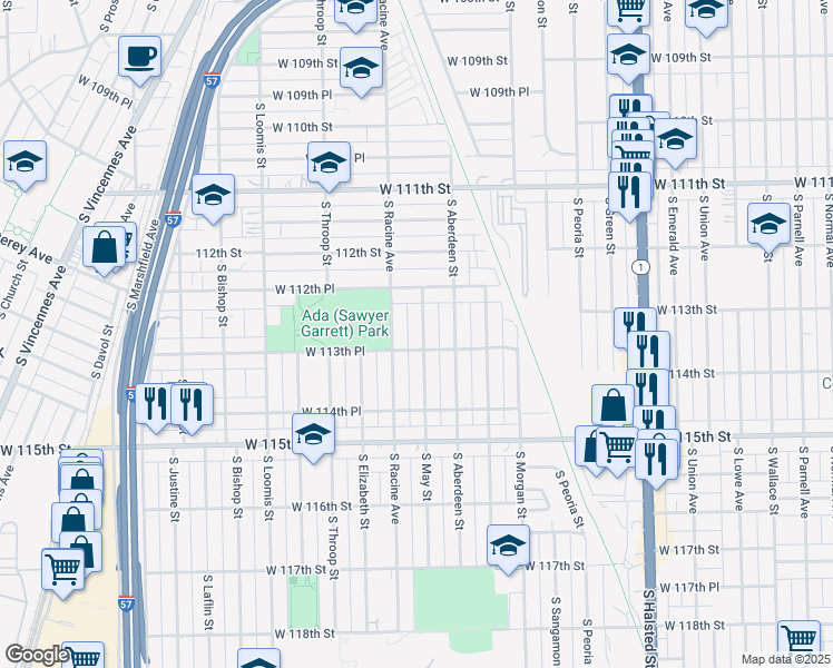 map of restaurants, bars, coffee shops, grocery stores, and more near 11316 South May Street in Chicago