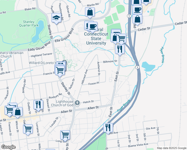 map of restaurants, bars, coffee shops, grocery stores, and more near 42 Audubon Street in New Britain