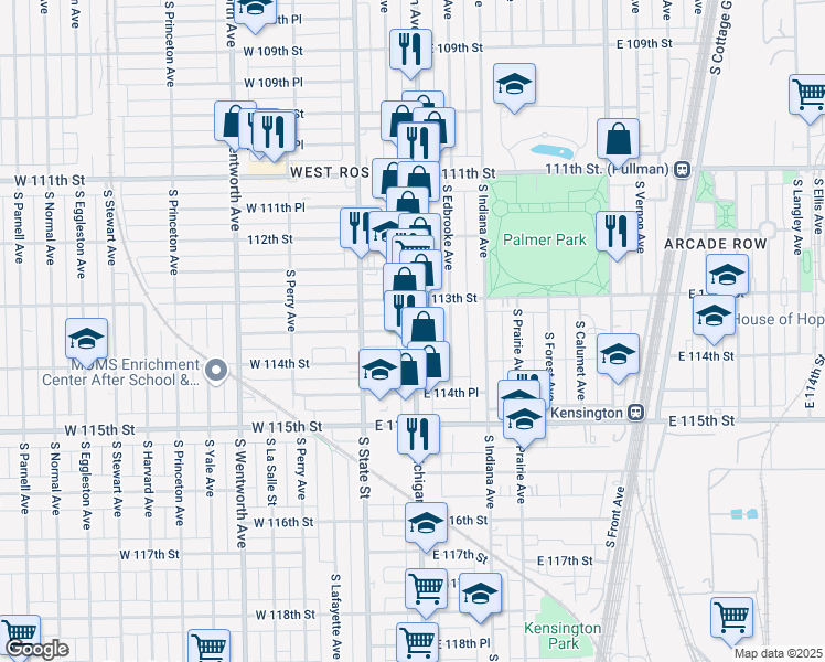map of restaurants, bars, coffee shops, grocery stores, and more near 11328 South Michigan Avenue in Chicago