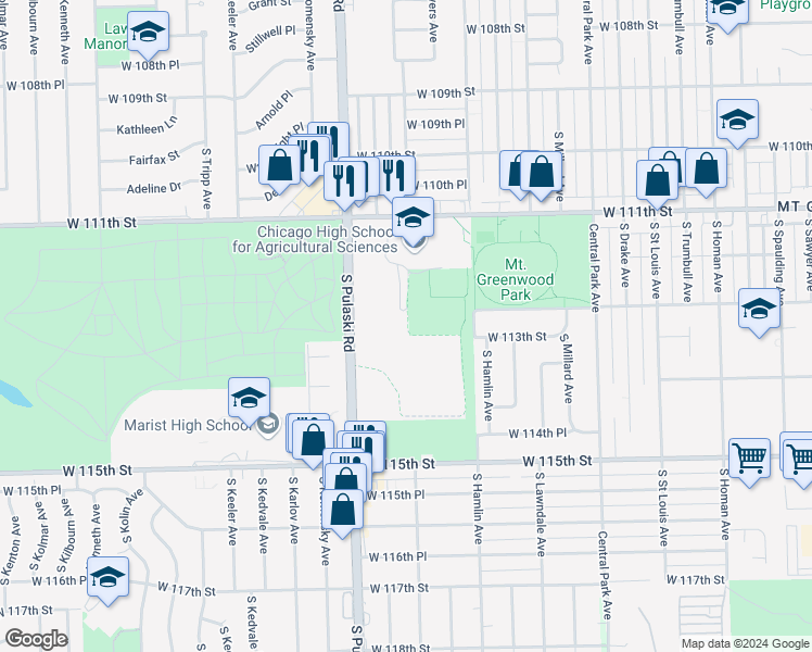map of restaurants, bars, coffee shops, grocery stores, and more near 3857 West 111th Street in Chicago