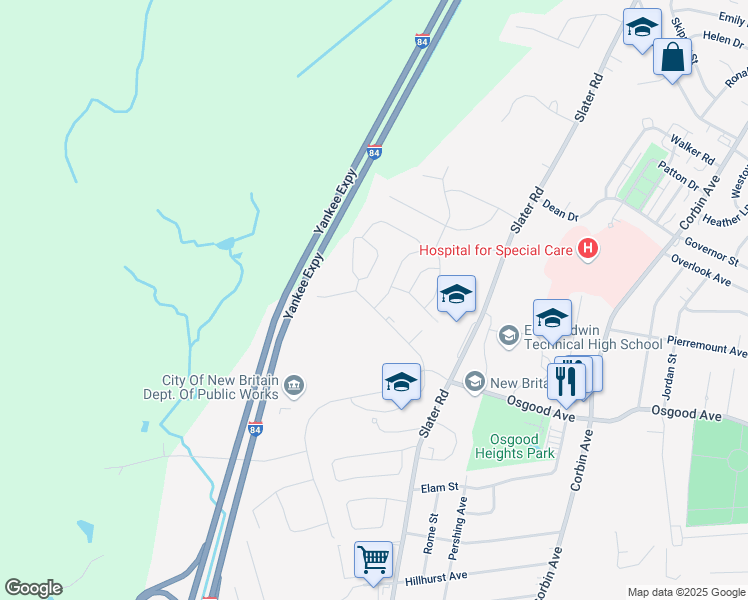 map of restaurants, bars, coffee shops, grocery stores, and more near 711 Osgood Avenue in New Britain
