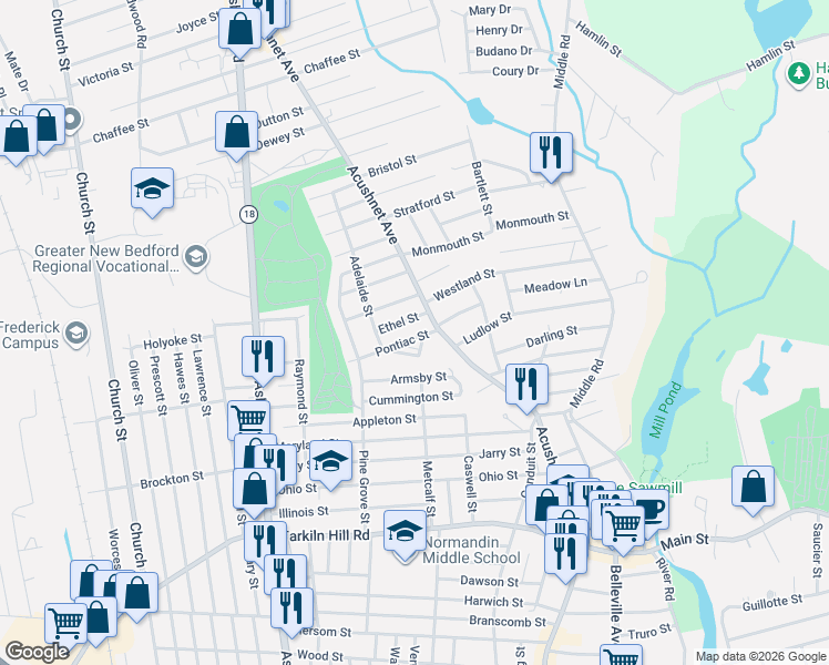map of restaurants, bars, coffee shops, grocery stores, and more near 29 Pontiac Street in New Bedford