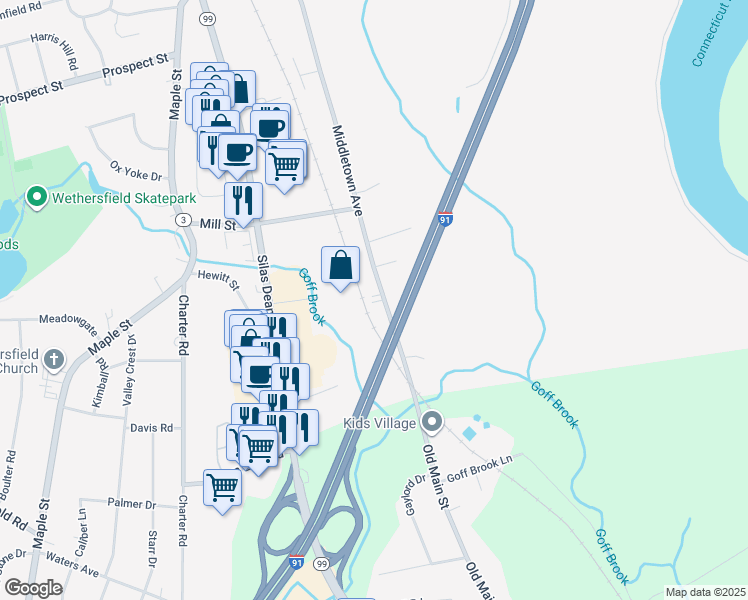 map of restaurants, bars, coffee shops, grocery stores, and more near 469 Middletown Avenue in Wethersfield