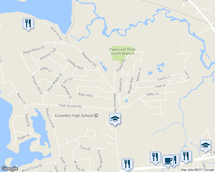 map of restaurants, bars, coffee shops, grocery stores, and more near 72 Reservoir Road in Coventry