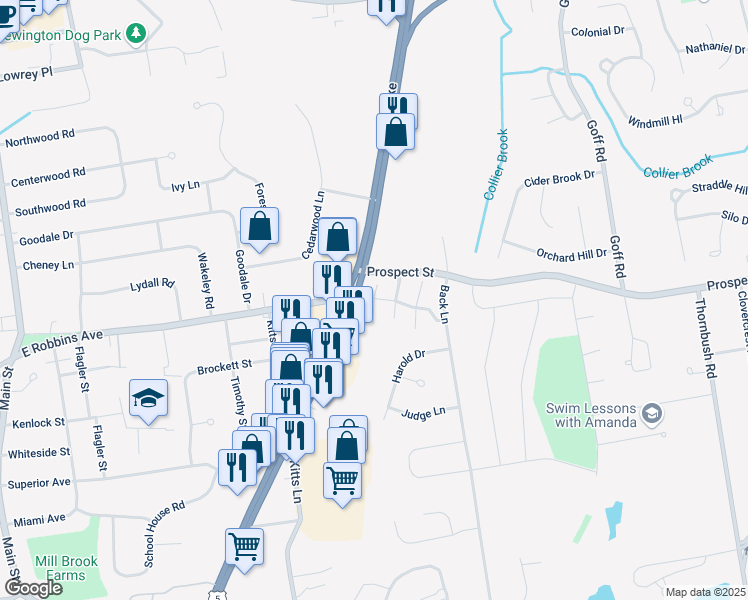 map of restaurants, bars, coffee shops, grocery stores, and more near 14 Harlow Drive in Newington