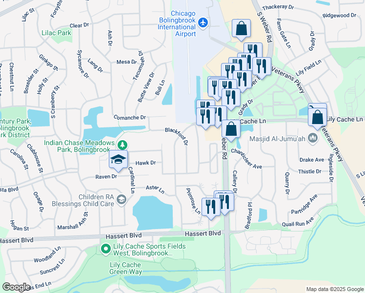 map of restaurants, bars, coffee shops, grocery stores, and more near 365 Blackfoot Drive in Bolingbrook
