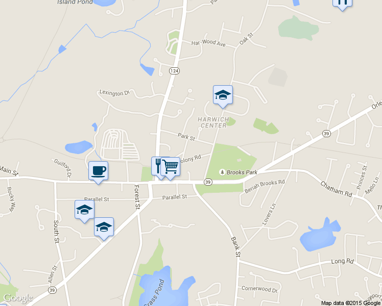 map of restaurants, bars, coffee shops, grocery stores, and more near 28 Old Colony Road in Harwich