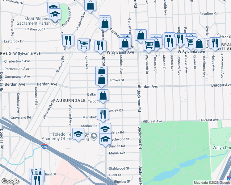 map of restaurants, bars, coffee shops, grocery stores, and more near 1810 Balkan Place in Toledo