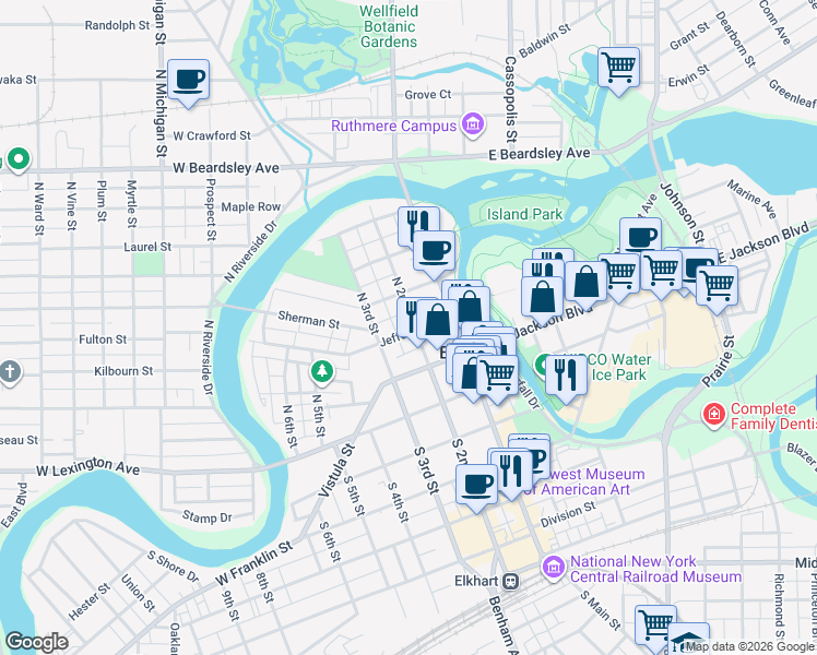 map of restaurants, bars, coffee shops, grocery stores, and more near 201 North 2nd Street in Elkhart