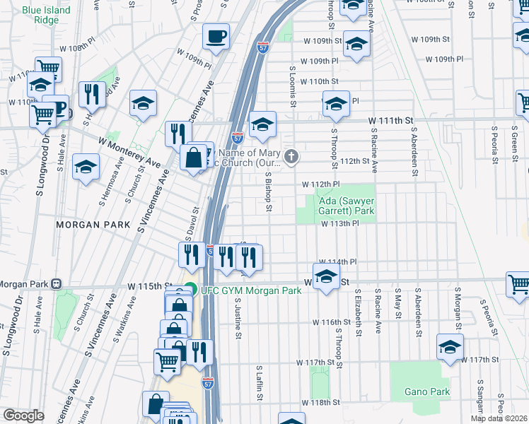 map of restaurants, bars, coffee shops, grocery stores, and more near 11310 South Bishop Street in Chicago