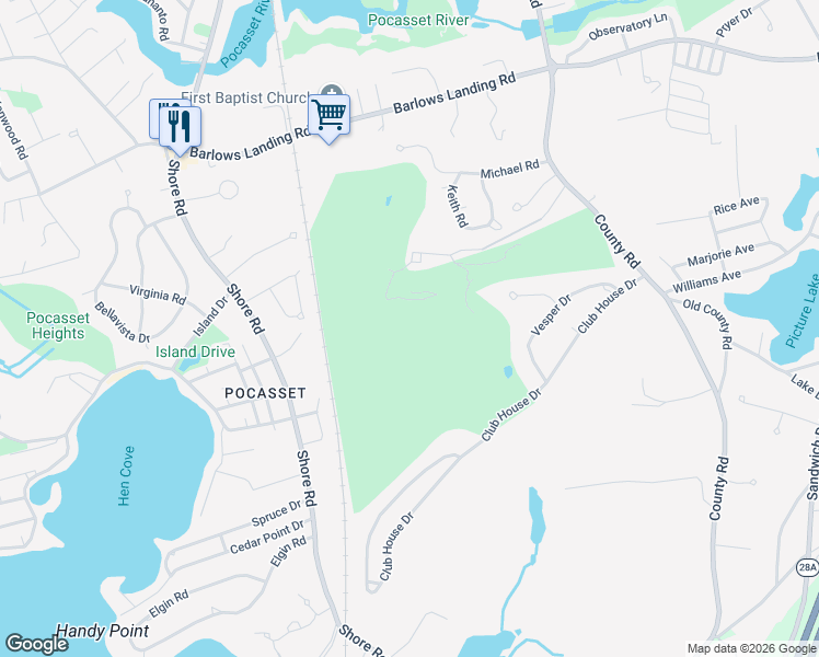 map of restaurants, bars, coffee shops, grocery stores, and more near in Bourne