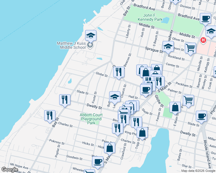 map of restaurants, bars, coffee shops, grocery stores, and more near 180 King Street in Fall River