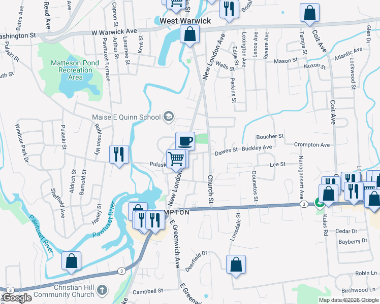 map of restaurants, bars, coffee shops, grocery stores, and more near 11 Nestor Street in West Warwick