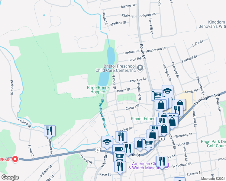 map of restaurants, bars, coffee shops, grocery stores, and more near 67 North Pond Street in Bristol