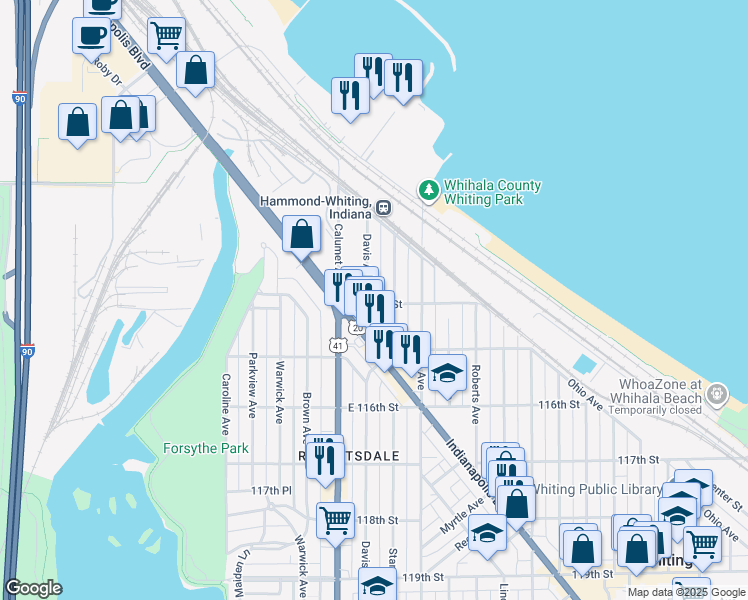 map of restaurants, bars, coffee shops, grocery stores, and more near 833 East 114th Street in Whiting