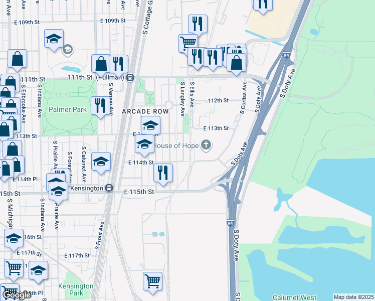 map of restaurants, bars, coffee shops, grocery stores, and more near 11340 South Langley Avenue in Chicago