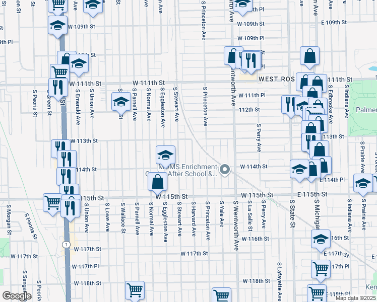 map of restaurants, bars, coffee shops, grocery stores, and more near 11328 South Harvard Avenue in Chicago