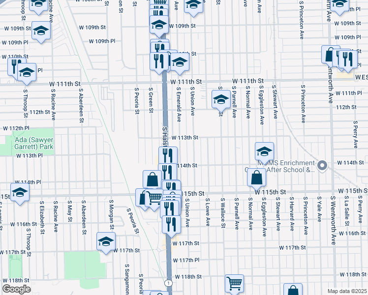 map of restaurants, bars, coffee shops, grocery stores, and more near 11325 South Emerald Avenue in Chicago