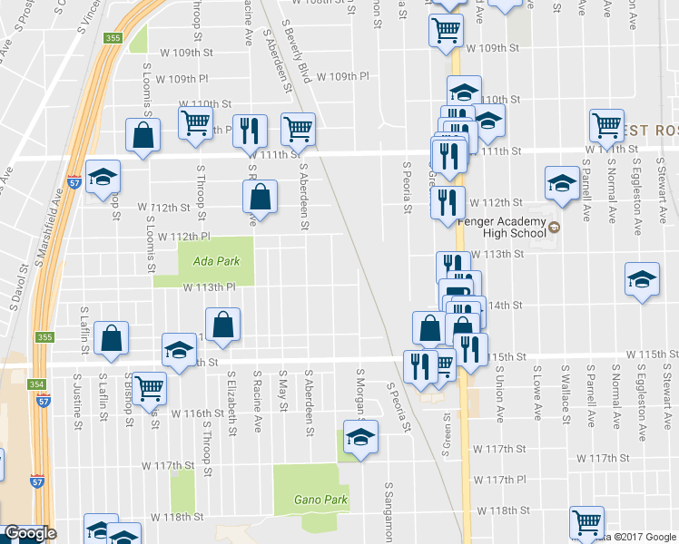 map of restaurants, bars, coffee shops, grocery stores, and more near 11321 South Carpenter Street in Chicago