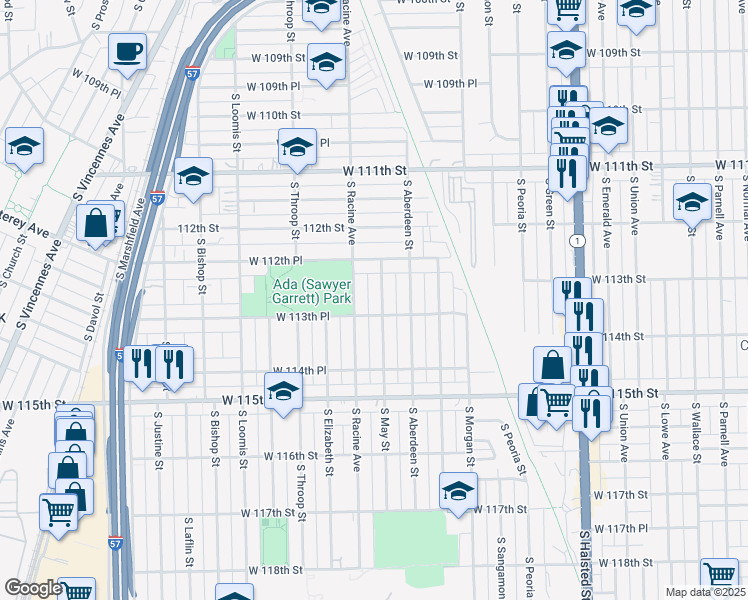 map of restaurants, bars, coffee shops, grocery stores, and more near 11316 South May Street in Chicago