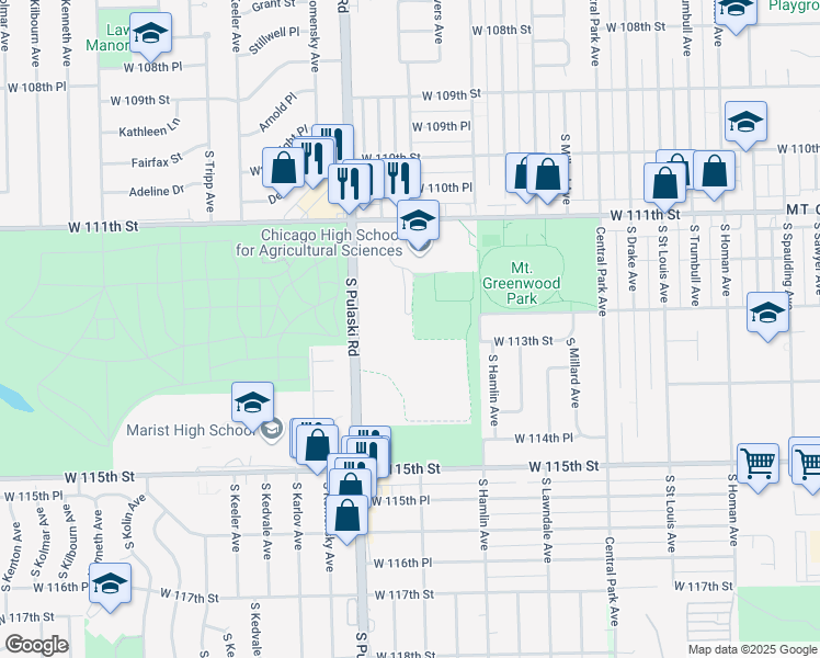 map of restaurants, bars, coffee shops, grocery stores, and more near 3857 W 111th St in Chicago