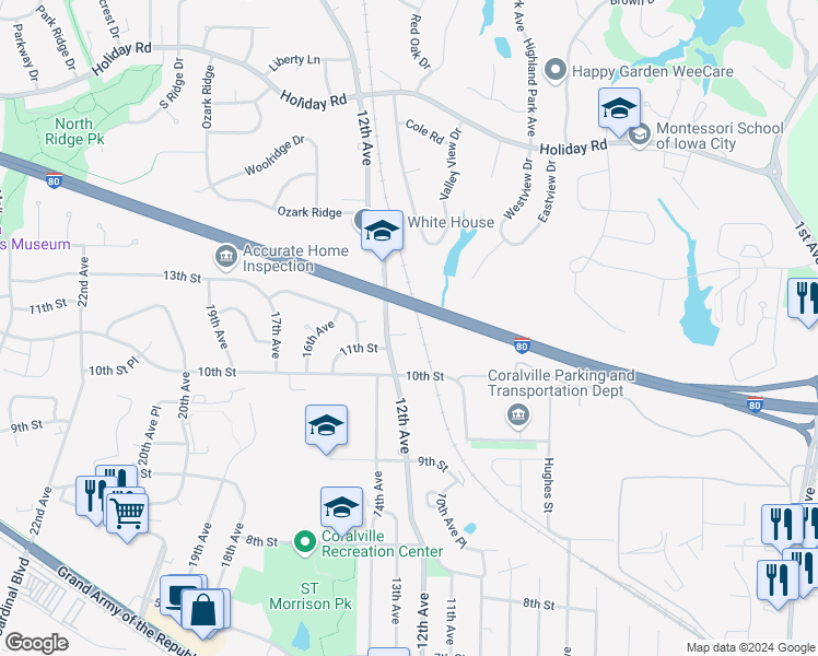 map of restaurants, bars, coffee shops, grocery stores, and more near 1107 12th Avenue in Coralville