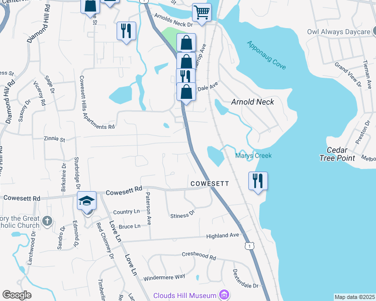 map of restaurants, bars, coffee shops, grocery stores, and more near 7 Ashmont Street in Warwick