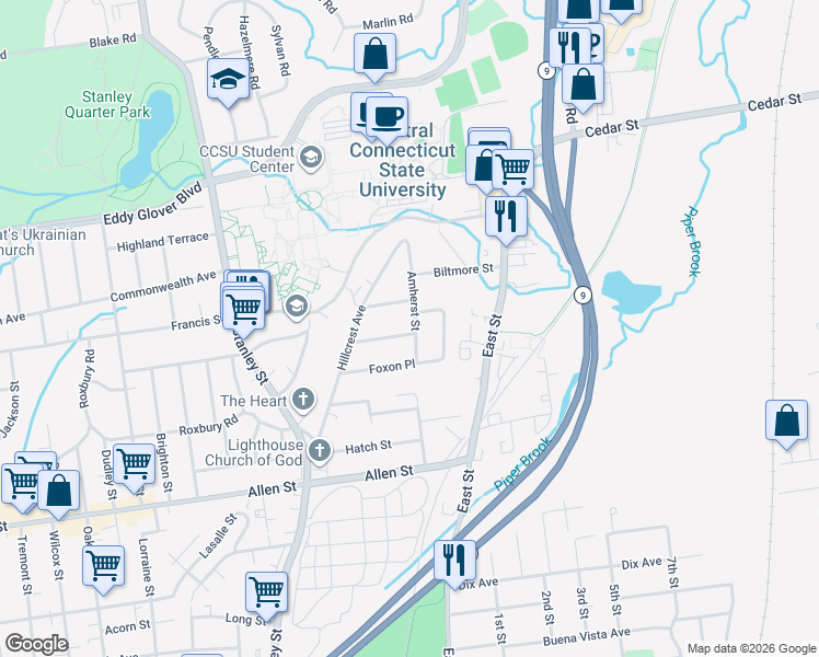 map of restaurants, bars, coffee shops, grocery stores, and more near 150 Amherst Street in New Britain