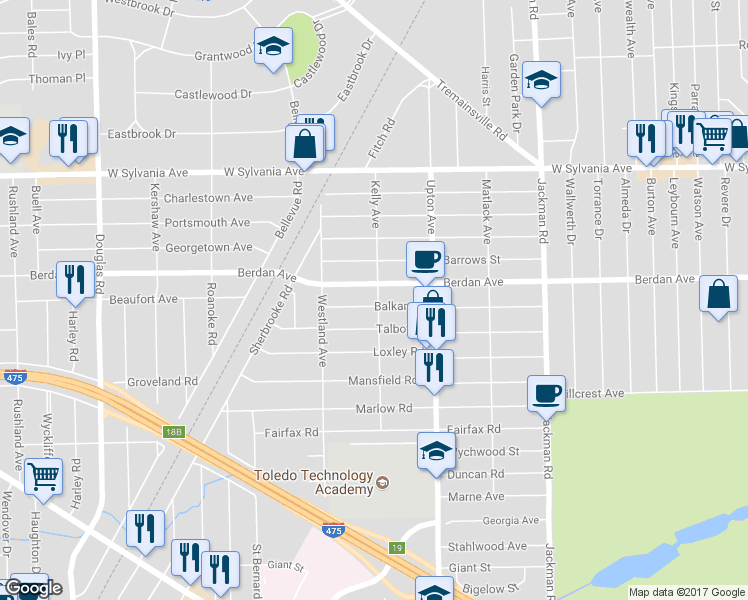 map of restaurants, bars, coffee shops, grocery stores, and more near 2002 Balkan Pl in Toledo